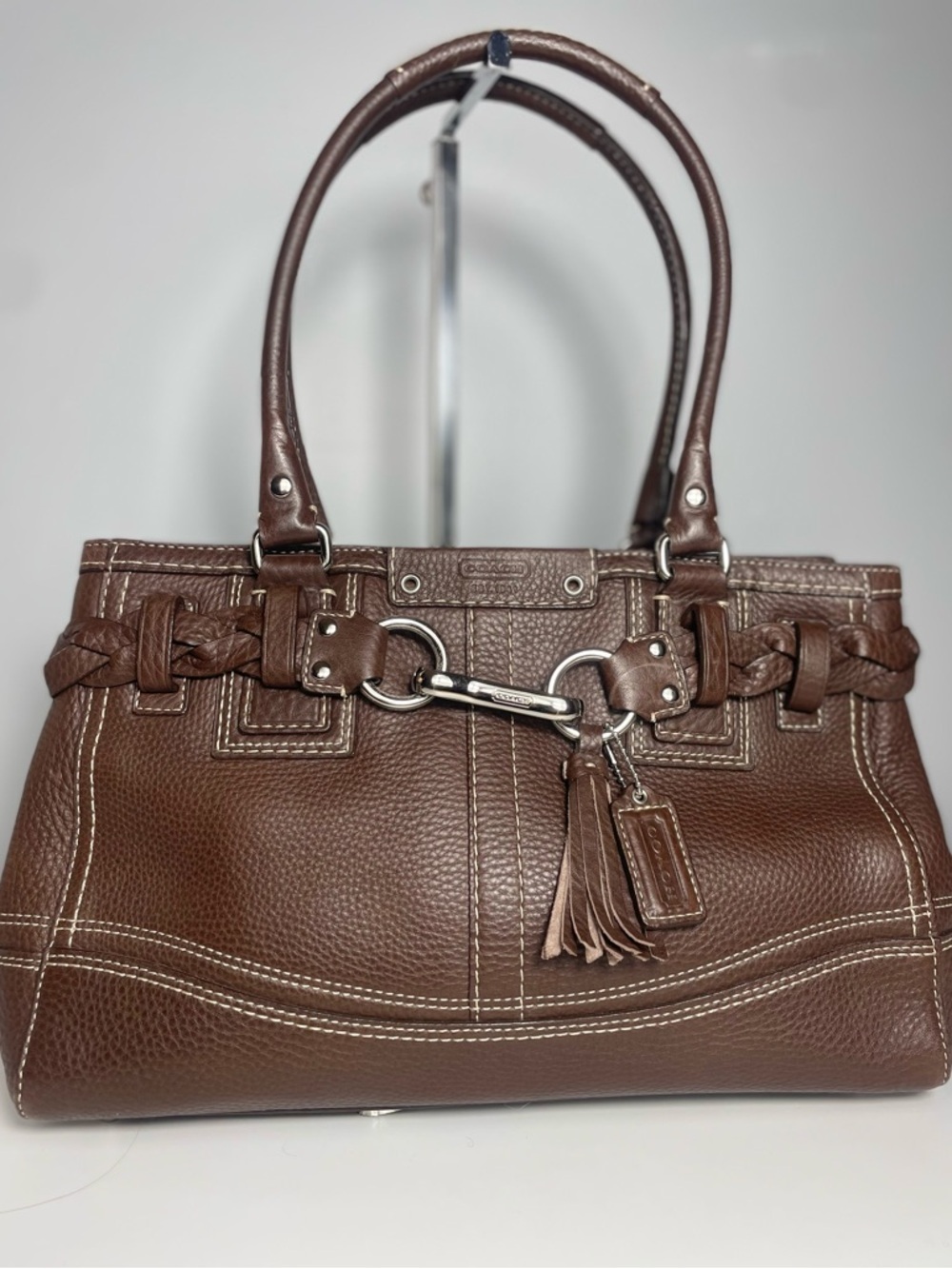 Coach Hampton Brown Pebbled Leather Shoulder Braided Satchel.
